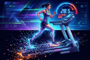 Futuristic gym scene with a woman running on a neon-lit treadmill, speedometer displaying 28.5 km/h and glowing digital interface in the background.