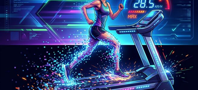 Futuristic gym scene with a woman running on a neon-lit treadmill, speedometer displaying 28.5 km/h and glowing digital interface in the background.
