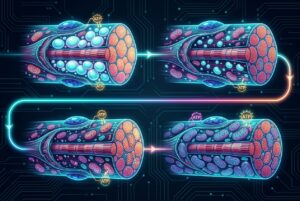 Illustration of four mitochondria with ATP circles and glowing pathways, depicting cellular respiration and ATP transfer between compartments.