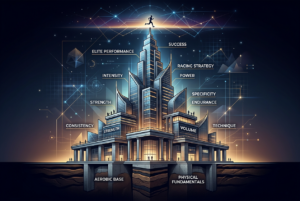 Futuristic skyscraper infographic showing performance traits around a central tower: strength, consistency, intensity, volume, technique, endurance, power and success.