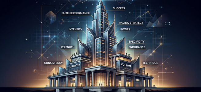 Futuristic skyscraper infographic showing performance traits around a central tower: strength, consistency, intensity, volume, technique, endurance, power and success.