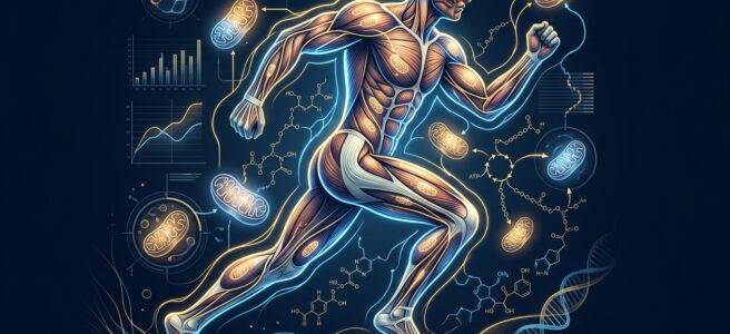 Illustration of a muscular human running, with highlighted muscles and surrounding scientific graphics such as mitochondria and data charts.