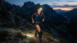 Female trail runner wearing a headlamp runs along a rocky mountain path at dusk, mountains in the background.
