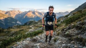 Male trail runner wearing a hydration vest and using trekking poles, ascending a rocky mountain path with alpine peaks in the background.