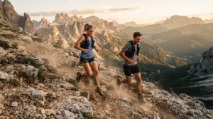 Two hikers running down a rocky mountain trail at sunset, dust rising behind them, with rugged peaks in the distance.