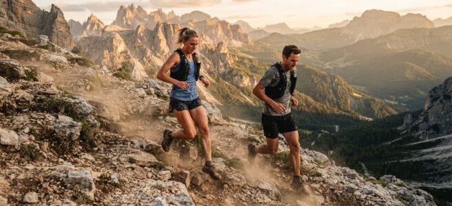 Two hikers running down a rocky mountain trail at sunset, dust rising behind them, with rugged peaks in the distance.