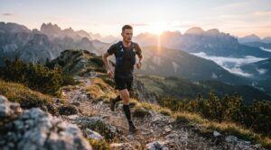 Trail runner on a rocky mountain trail at sunrise, with alpine peaks and a valley in the background.