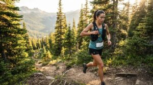 Female trail runner in teal top and black shorts sprinting along a rocky forest path with pine trees and mountains in the background.